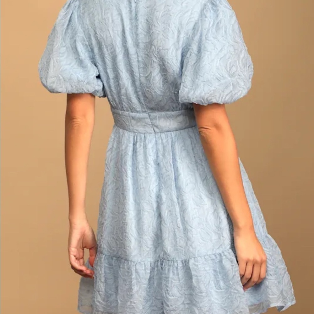 Lulus Romantic Waltz Light Blue Organza Puff Sleeve Mini Dress NWT Sz L​​ - Picture 3 of 11